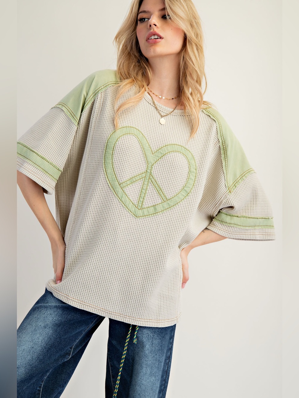 easel Waffle Knit Tee with Lime Heart Peace Applique